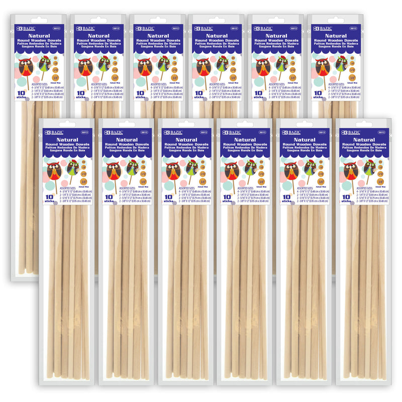 (12 Pk) Assrtd Round Naturl Wood Dowel 10pk