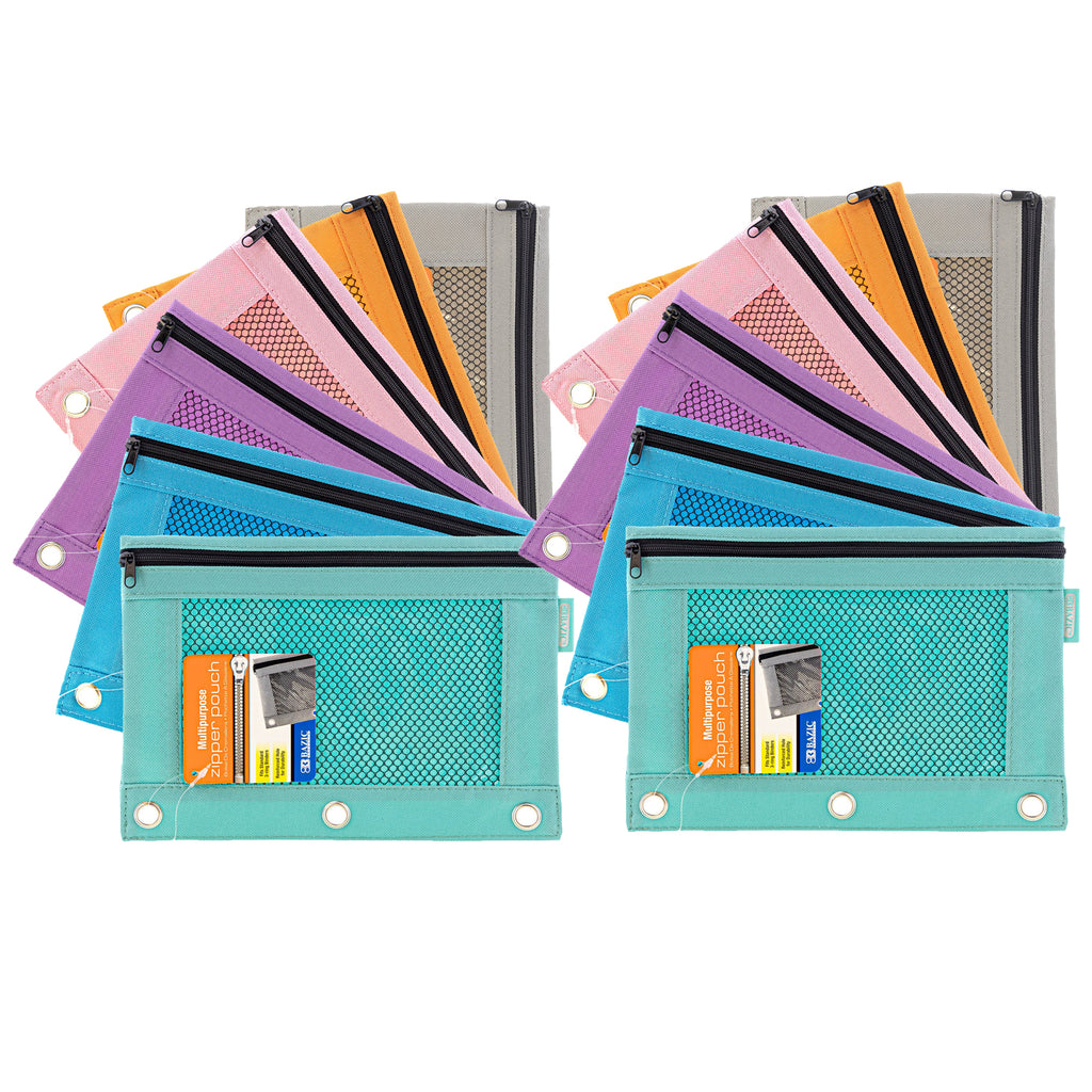 (12 Ea) Retro Color 3-ring Pencil Pouch Mesh Window