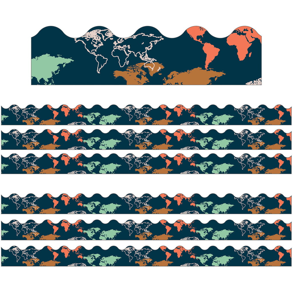 Let's Explore World Map Scalloped Border, 36 Feet Per Pack, 6 Packs