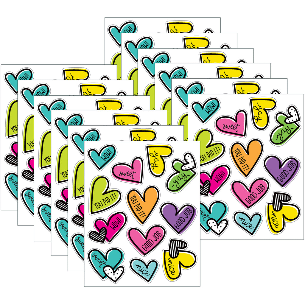 (12 Pk) Doodle Hearts Shape Stickrs Kind Vibes