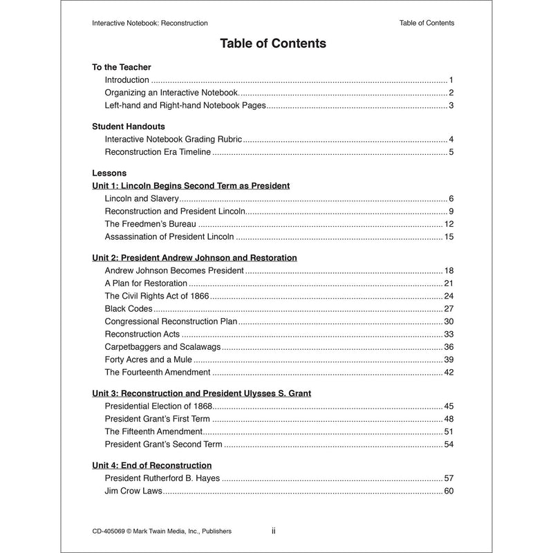Interactive Notebook: Reconstruction, Grade 5-8