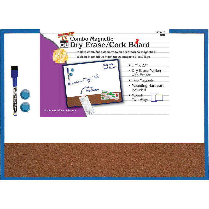 Magnetic Dry Erase W- Cork Board Blue Frame 17x23 W- Eraser & Marker