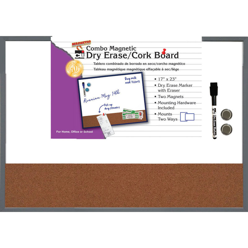 Magnetic Dry Erase W- Cork Board Gray Frame 17x23 W- Eraser & Marker