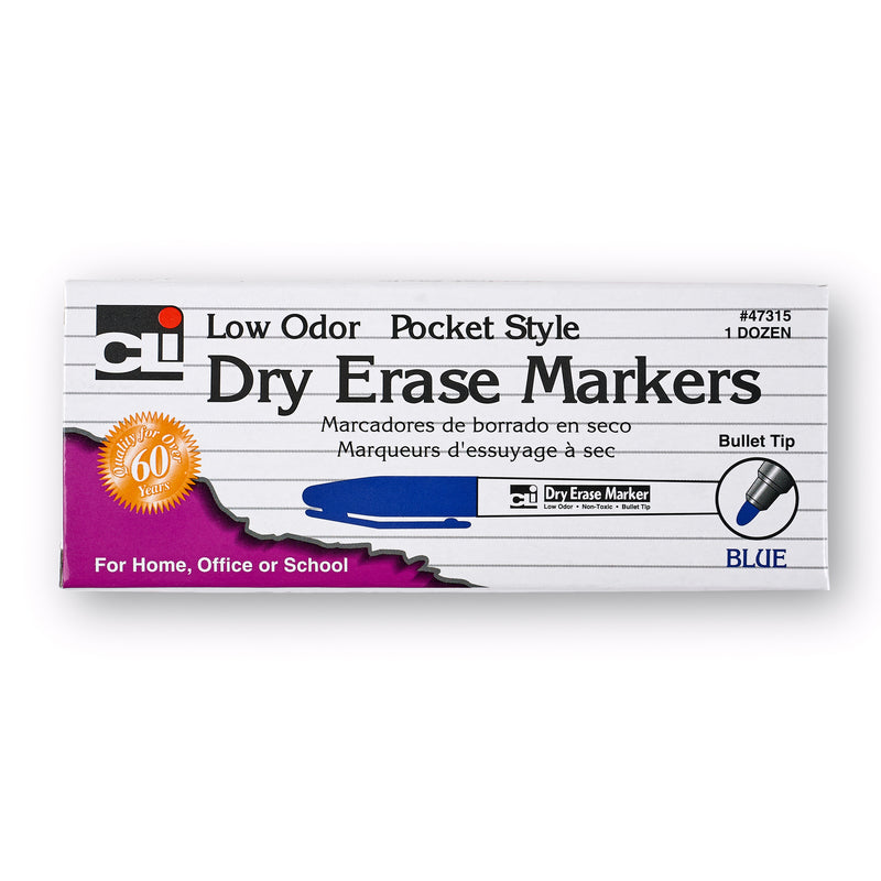 12ct Blue Bullet Tip Dry Erase Markers Pocket Style