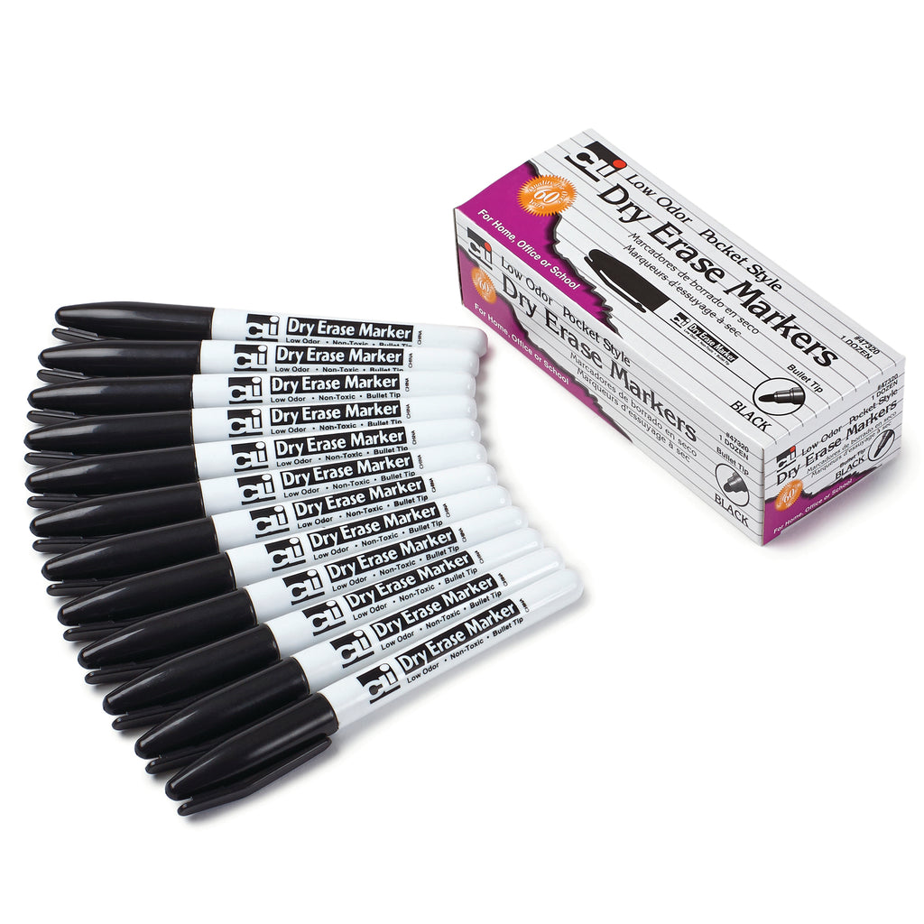 (3 Bx) 12ct Per Bx Black Bullet Tip Dry Erase Markers Pocket Style