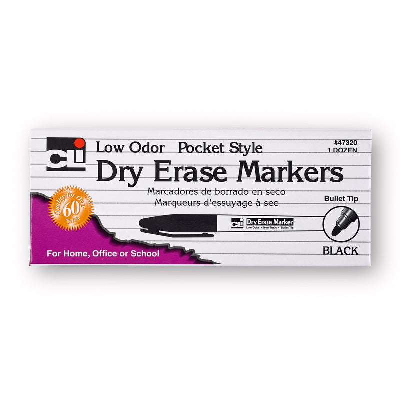 12ct Black Bullet Tip Dry Erase Markers Pocket Style