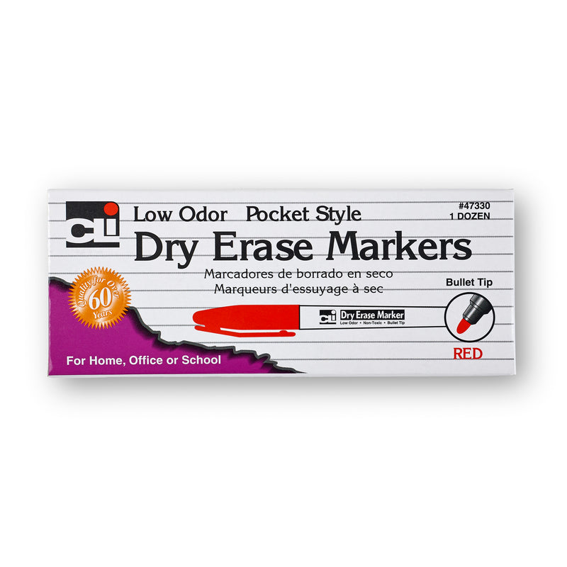 12ct Red Bullet Tip Dry Erase Markers Pocket Style