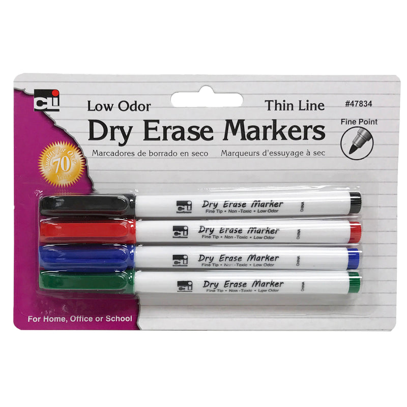 Dry Erase Marker Thin Line 4 Pk Assorted Colors