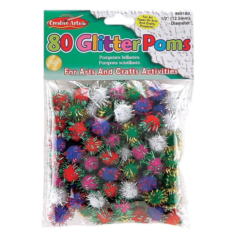 Pom Poms .5in Glitter Asst 80ct