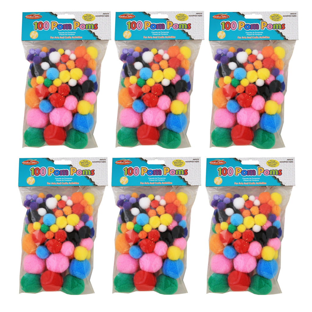 (6 Pk) Pom Poms Asst Sizes & Colors 100 Per Pk