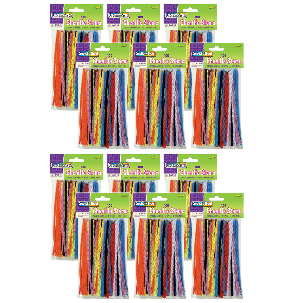 (12 Pk) Chenille Stems Asstd 6in Stems 100 Per Pk