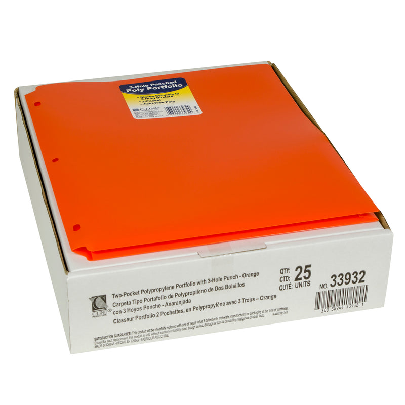 2 Pocket Poly Portfolio Orange W- 3 Hole Punch
