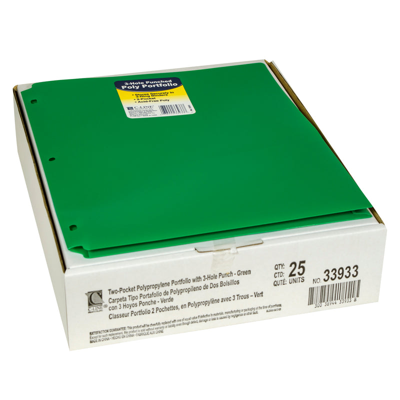 C-Line® Two-Pocket Poly Portfolio with Three-Hole Punch, Green