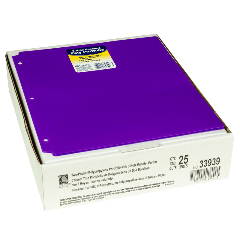 C-Line® Two-Pocket Poly Portfolio with Three-Hole Punch, Purple