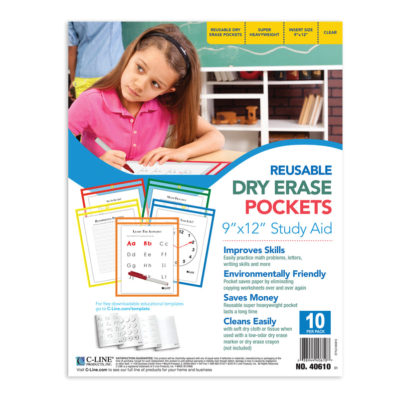 C Line Reusable 10pk 9x12 Dry Erase Pockets Assorted Primary