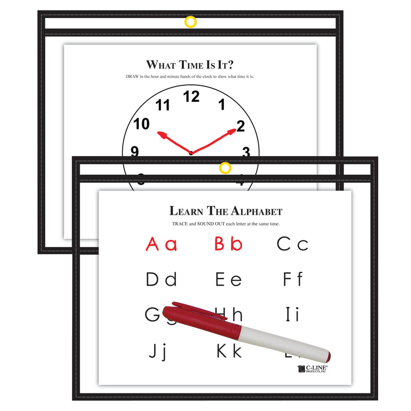 C Line 9x12 Blk Reusable Dry Erase Pockets