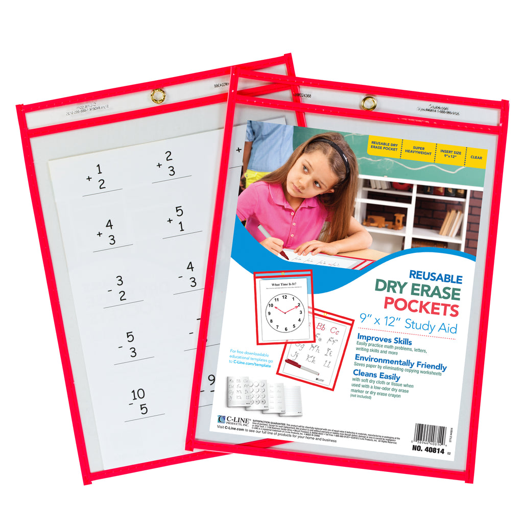 C Line Reusable 9x12 Dry Erase Pocket Red Neon