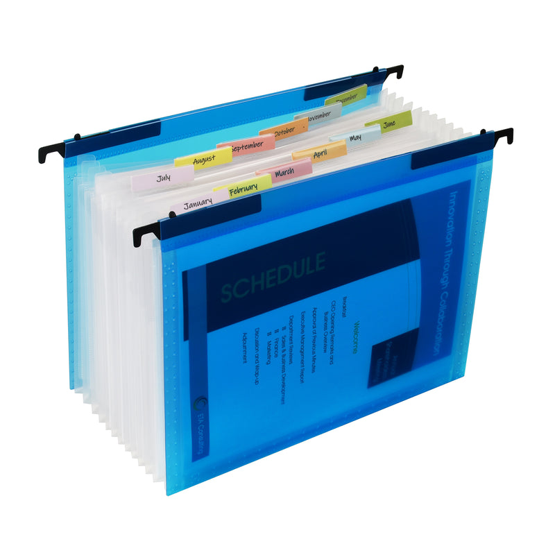 Expanding File Folder, 13-Pocket, Hanging Tabs, Bright Blue