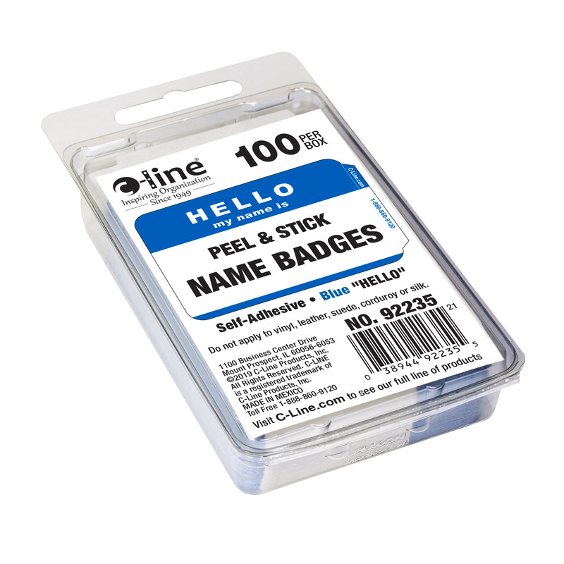 Pressure Sensitive Badges, Hello my name is, Blue, 3-1/2" x 2-1/4", 100 Per Pack, 5 Packs