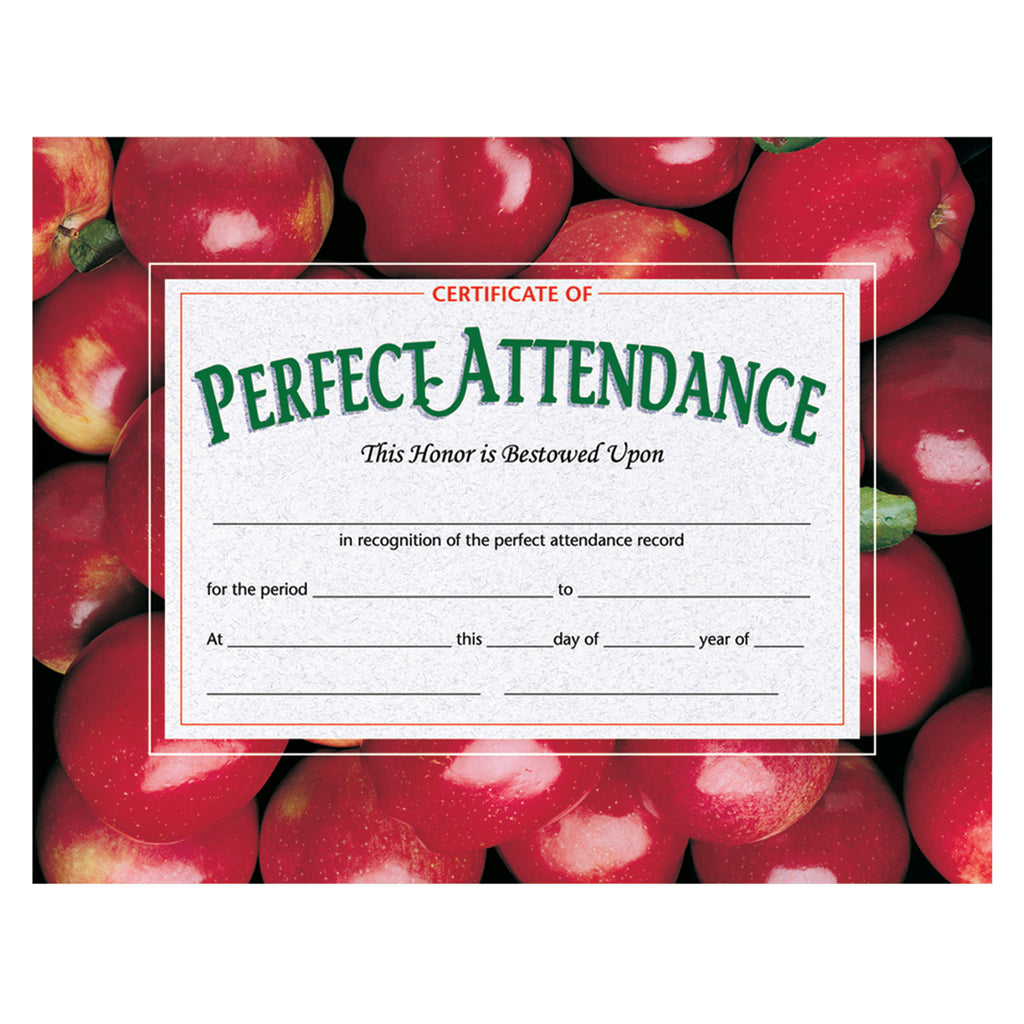 (3 Pk) Certificates Perfect 8.5x11 Attendance W- Apples 30 Per Pk