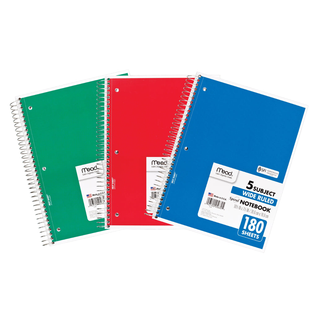 (3 Ea) Notebook Spiral 5 Subject 180sht 10.5x8