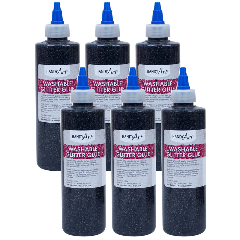 (6 Ea) Washable Glitter Glue 8 Oz Black Handy Art