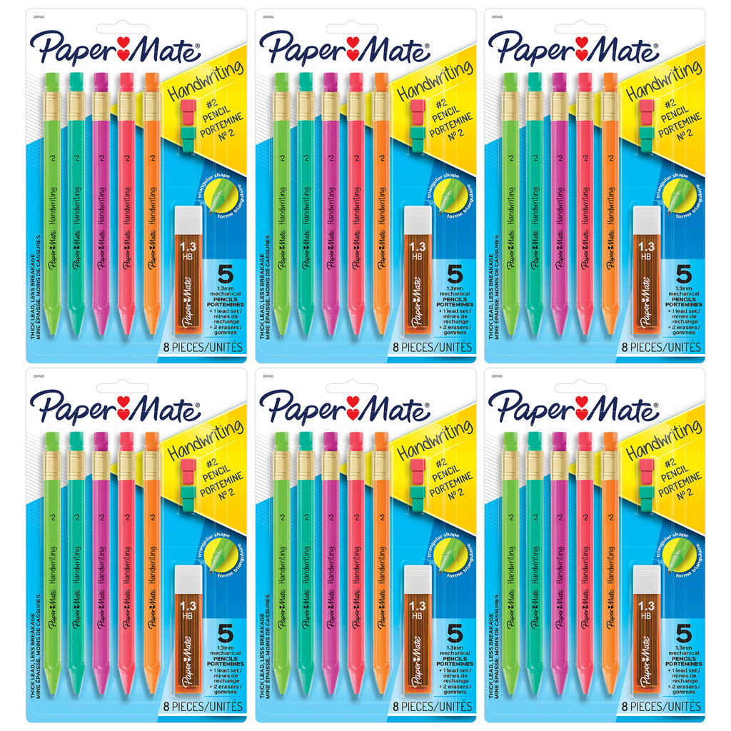 Handwriting Triangular Mechanical Pencil Set with Lead & Eraser Refills, 1.3mm, 5 Per Pack, 6 Packs