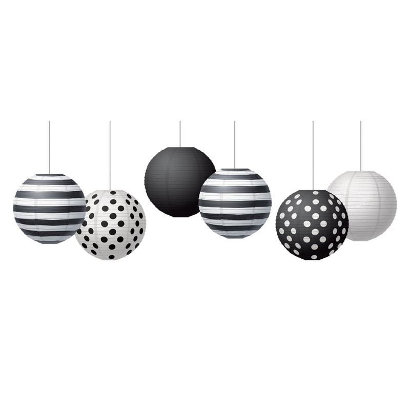 Black & White Hanging Paper Lantrns 8in