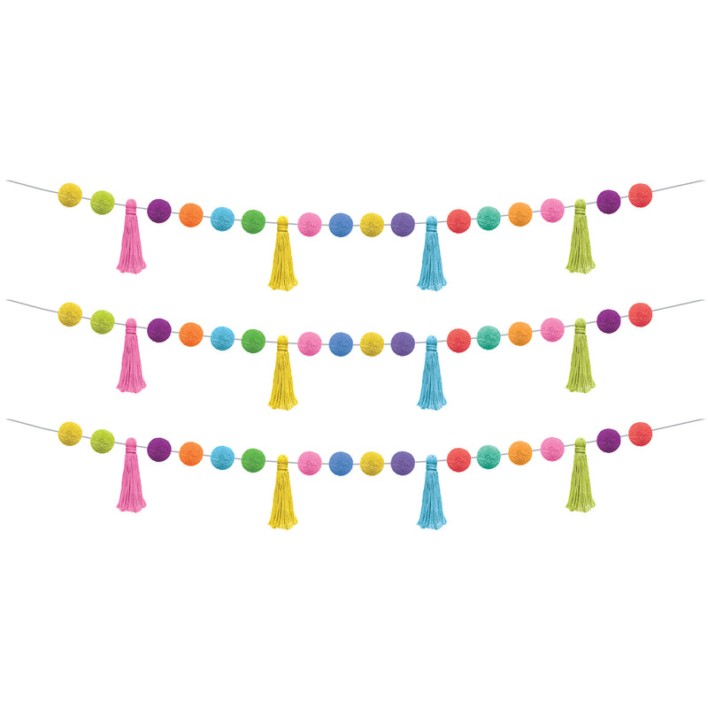 (3 Ea) Colorful Pom-poms & Tassels Garland