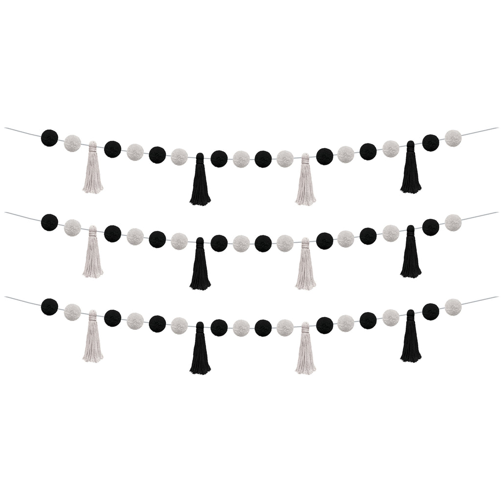 (3 Ea) Blk & Wht Pom-poms & Tassel Garland