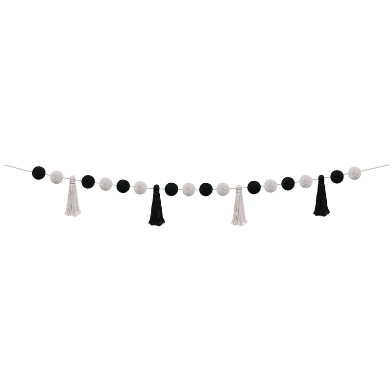 (3 Ea) Blk & Wht Pom-poms & Tassel Garland