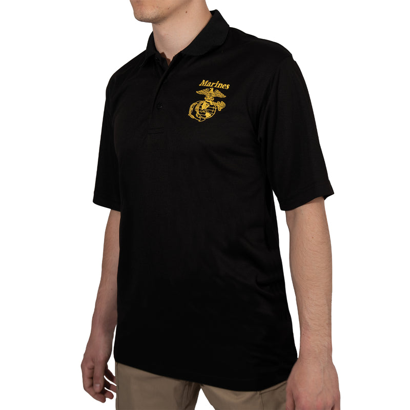 Rothco USMC Eagle, Globe & Anchor Moisture Wicking Polo Shirt - Black